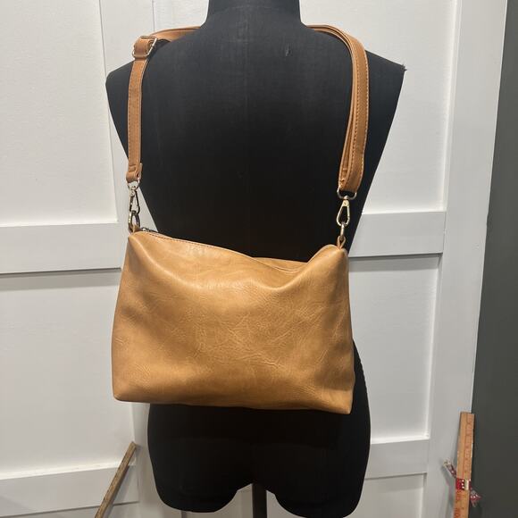 Leather Tan Purse Handbag Gold Accents Adjustable Straps - Picture 3 of 9
